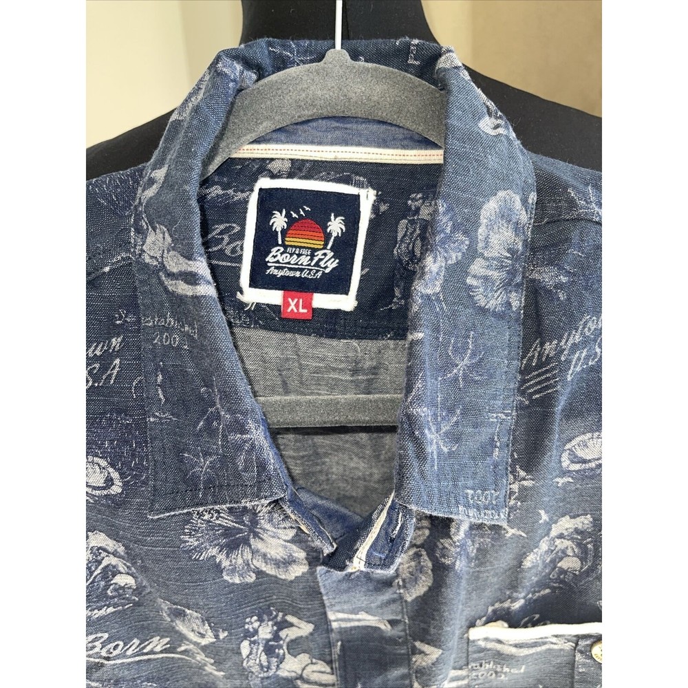 Born Fly Hawaii Pinup Print Blue Shirt Button Up Embroidered XL - Picture 2 of 8